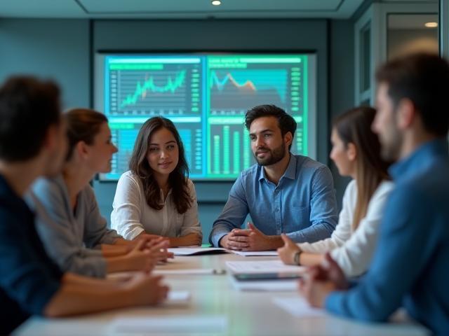 Grupo diverso discutiendo gráficos financieros en un entorno moderno